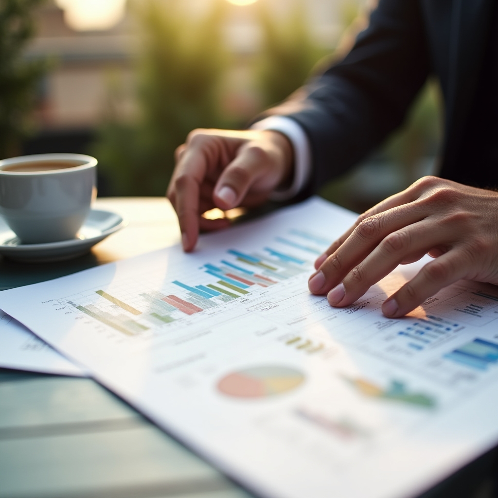 Análisis de mercado de alquiler sobre una mesa con gráficos impresos
